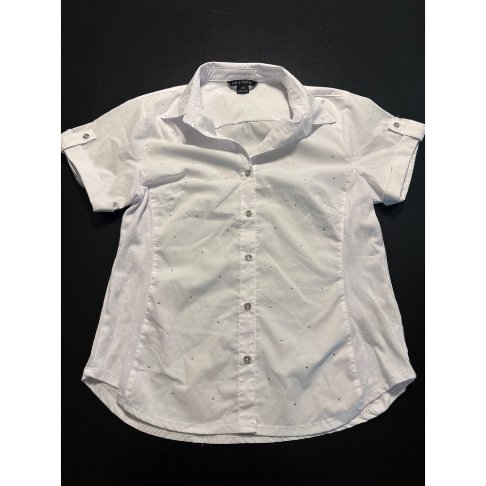 Zac & Rachel Womens White Rhinestone Embellished Short Sleeve Button Up‎ Shirt L